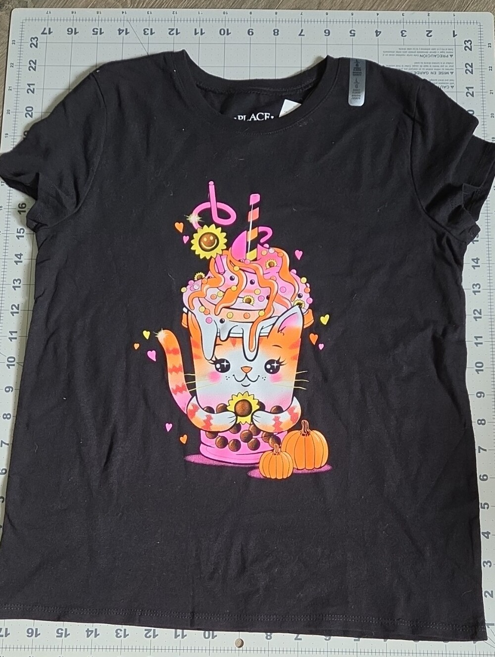The Children's Place Black Tee with Pink & Orange Cat Float Graphic